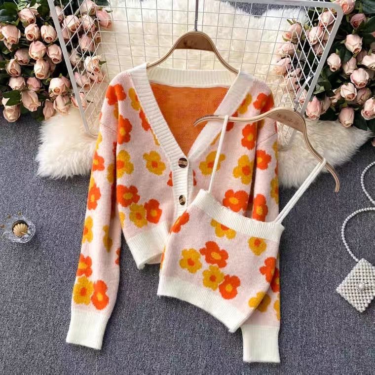 Automne, frais, à la mode, haut à bretelles spaghetti, pull cardigan, deux costumes 1395