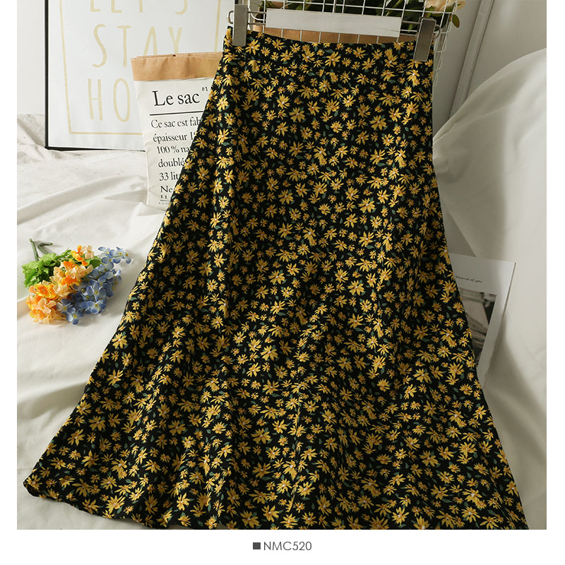 Hong Kong style retro floral high waist medium length A-line skirt  2485
