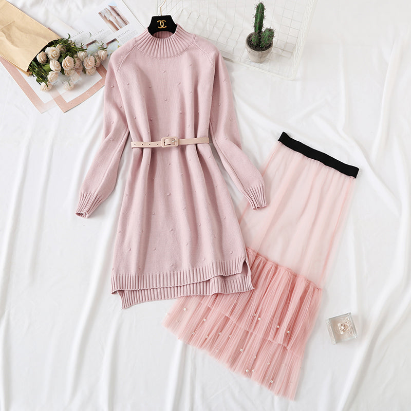 Long sweater skirt over knee net red yarn skirt two-piece suit  2142