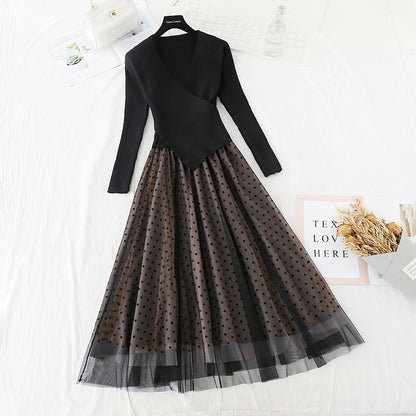 Stitched slim slim temperament gentle storm dot mesh long skirt  2210