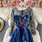Mesh lace up banquet embroidery slim medium length dress  3162