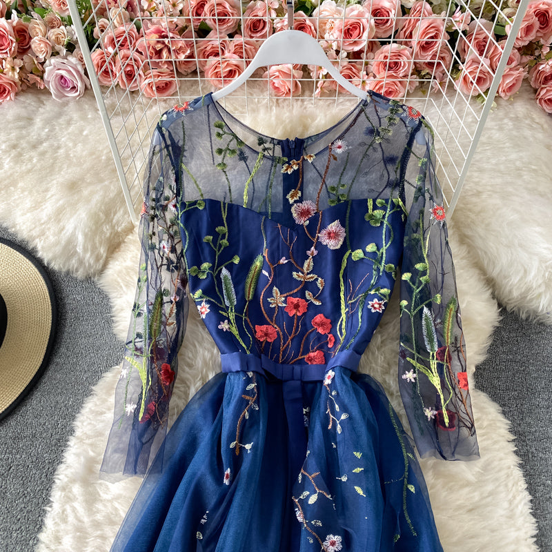 Mesh lace up banquet embroidery slim medium length dress  3162