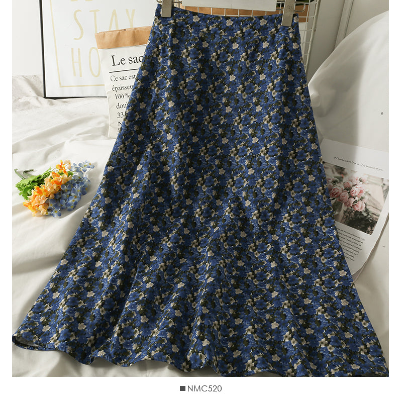 Hong Kong style retro floral medium length high waist A-line skirt  2533