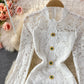 Light luxury medium length stand collar lace Hip Wrap Dress long sleeve  3236