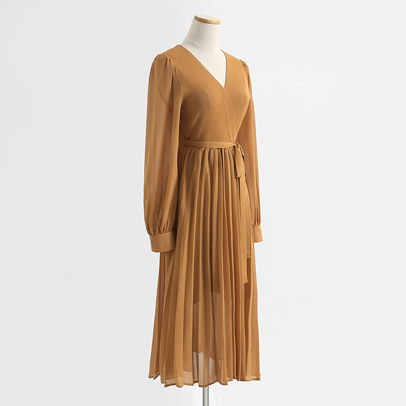 Dress V Neck Long Sleeve knee bottomed skirt pleated patchwork tea break skirt  2140