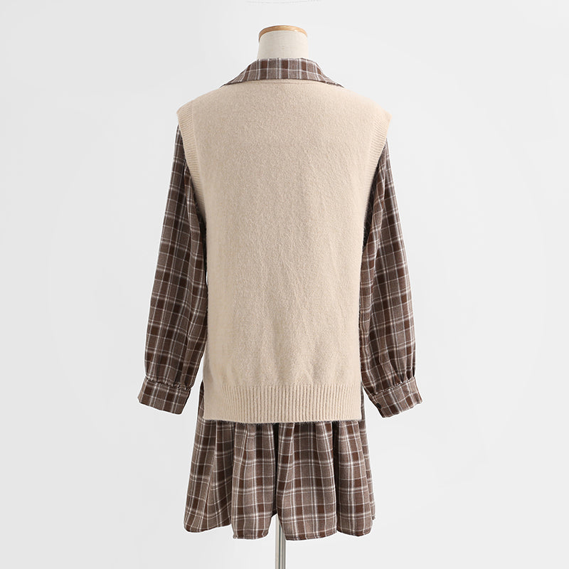 New vest LONG SLEEVE DRESS Plaid age reduction fashion two-piece suit skirt  2176
