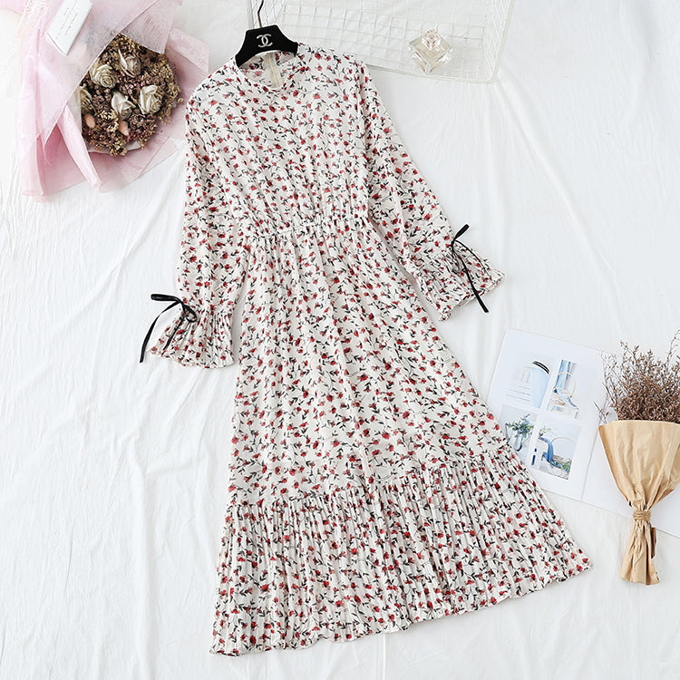 New French retro pleated flare sleeve bottomed long skirt  2359