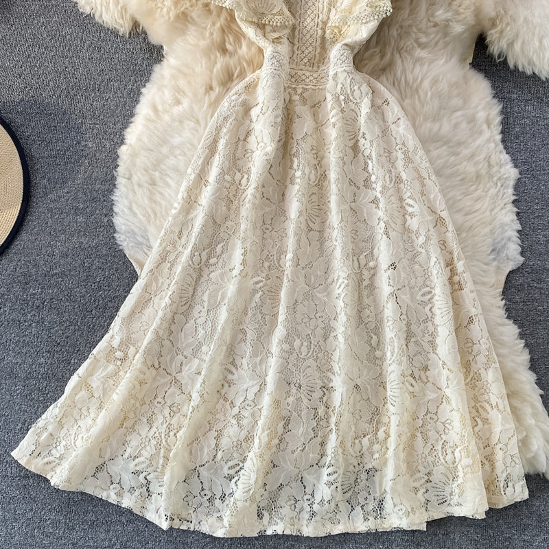 Französisches schlankes Temperament schmales Spitzenkleid mit Stehkragen 3340