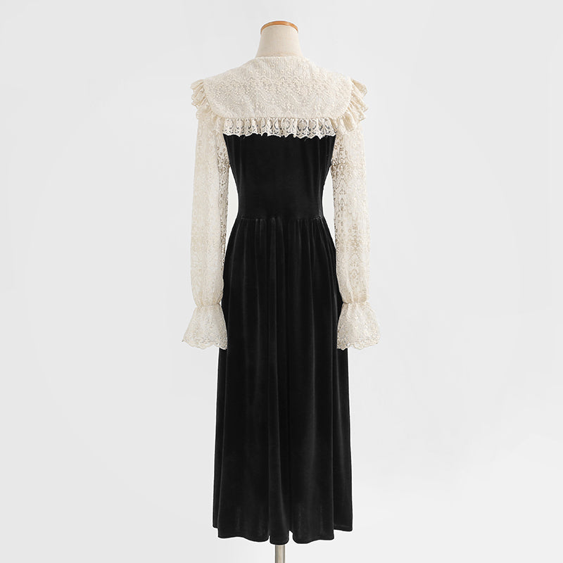 Fake two piece lace skirt stitching velvet dress method  2282