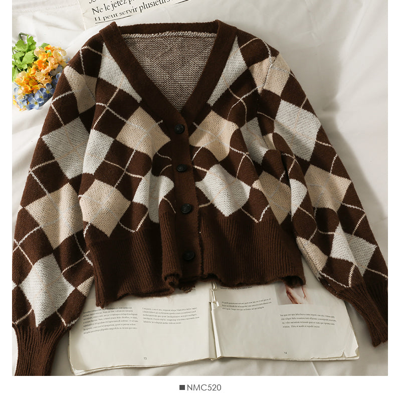 Einreihiger Pullover mit V-Ausschnitt und Rautenmuster für Damen 1778