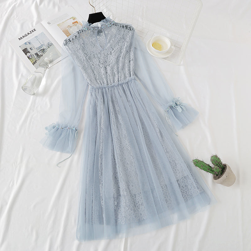 Heavy industry three-dimensional flower lace dress fairy mesh two-piece set  2466