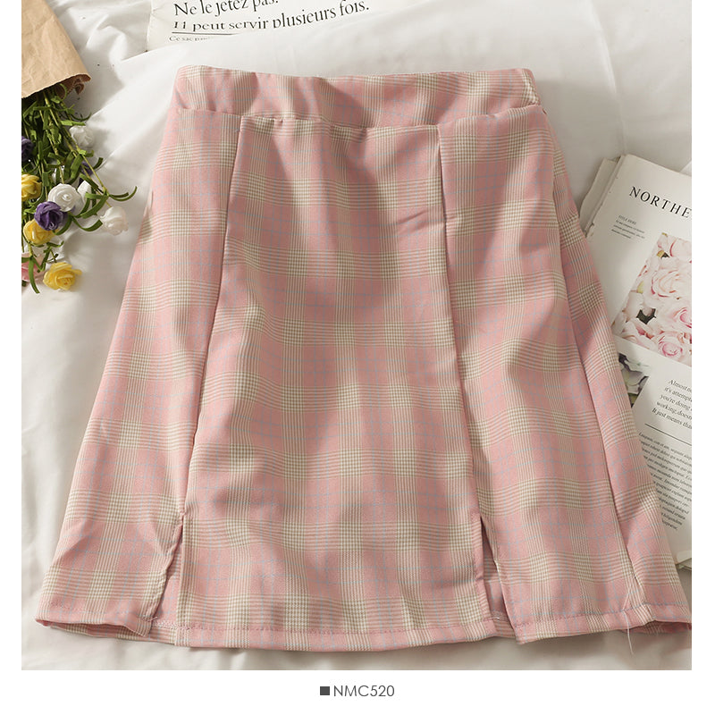 Retro simple versatile Plaid split casual A-line skirt  2645