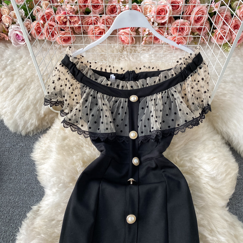 Temperament light mature style one shoulder wave dot mesh dress  2954