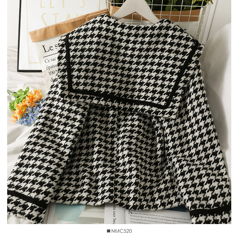 Loose and thin thousand bird check cardigan thickened coat in autumn and winter  2091