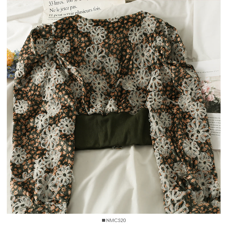 Hong Kong Vintage printed round neck single breasted cardigan top women's jacket  2115