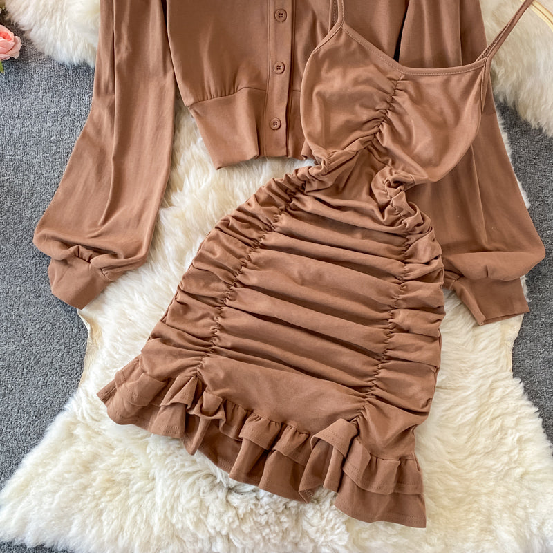 Slim suspender skirt Ruffle wrap hip dress  2859