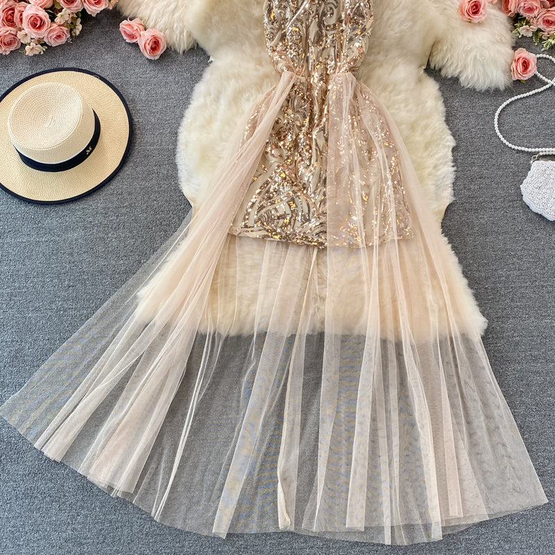 Sexy mesh patchwork neck off shoulder Sequin dress  2908