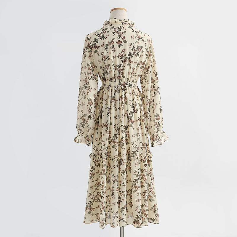 Temperament: slim waist, long sleeved chiffon dress with backing  2214