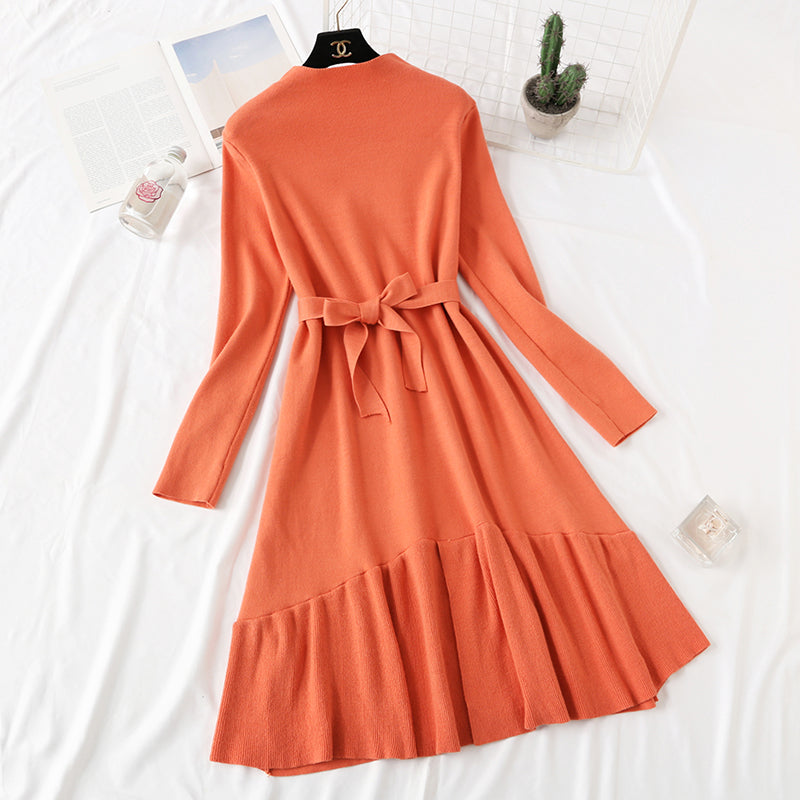 Knitted dress knee length ruffled fishtail skirt  2464