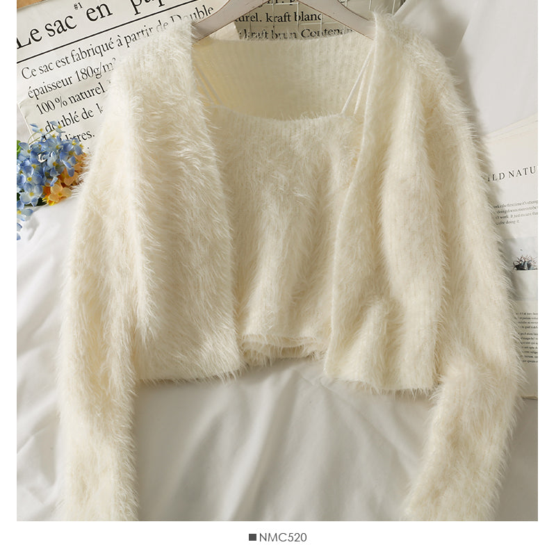 Slim cardigan long sleeved sweater with suspender vest inside  1695