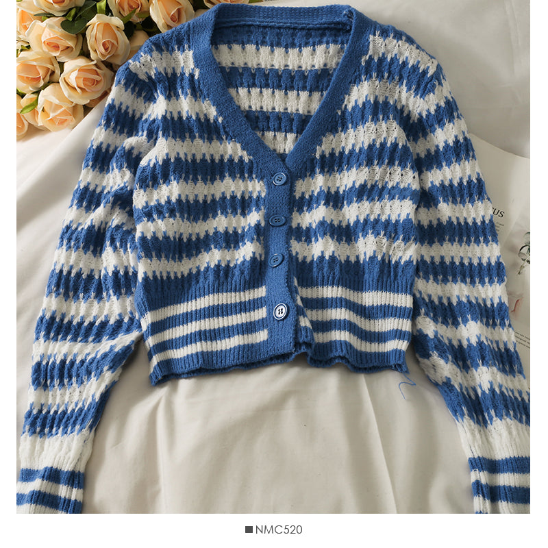 Korean stripe loose and thin short single breasted cardigan sweater  1883