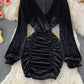 V-Neck long sleeve pleated slim wrap hip dress  3018