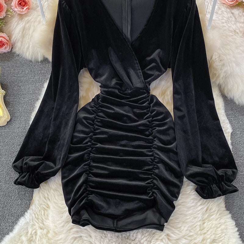 V-Neck long sleeve pleated slim wrap hip dress  3018