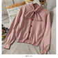 Sweet and versatile bow stand collar single breasted Pullover Sweater  2026