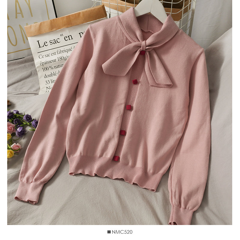 Sweet and versatile bow stand collar single breasted Pullover Sweater  2026