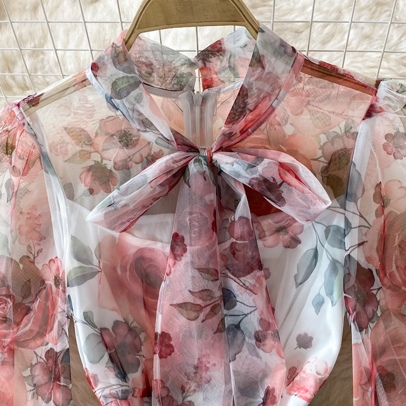 Gentle wind bow tie tie thin high waist Floral Chiffon Dress  3221