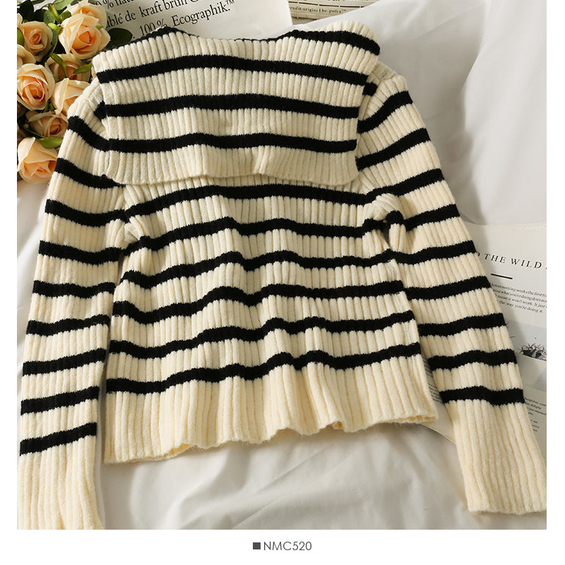 Korean stripe slim slim Lapel long sleeve sweater for women  2065