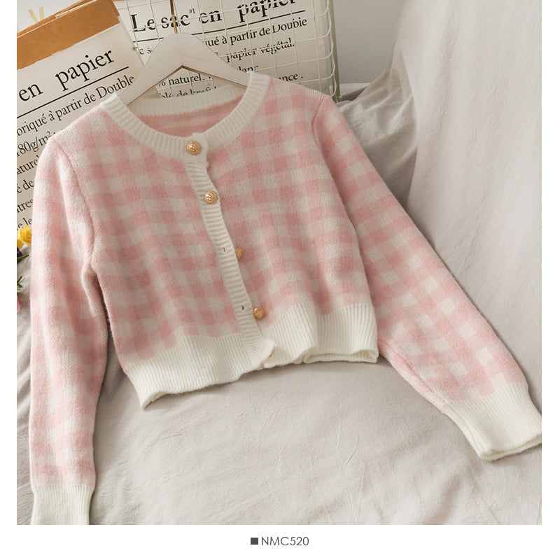 Round neck single breasted long sleeve loose sweater with short suspender skirt inside  2480