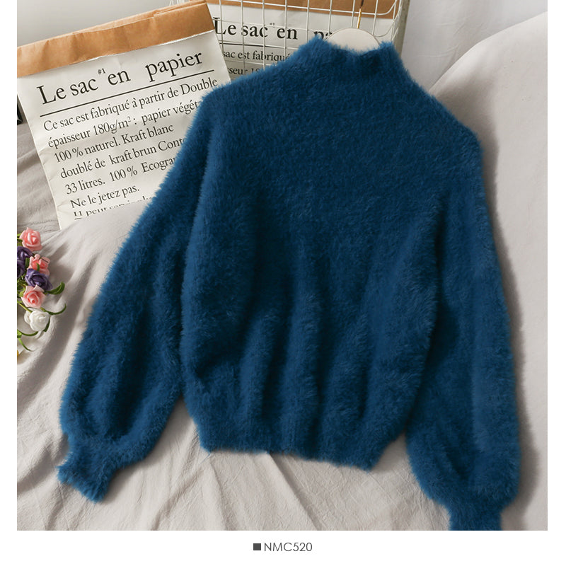 Herbst und Winter süßer und vielseitiger Pullover mit halbhohem Kragen und langen Ärmeln 1922