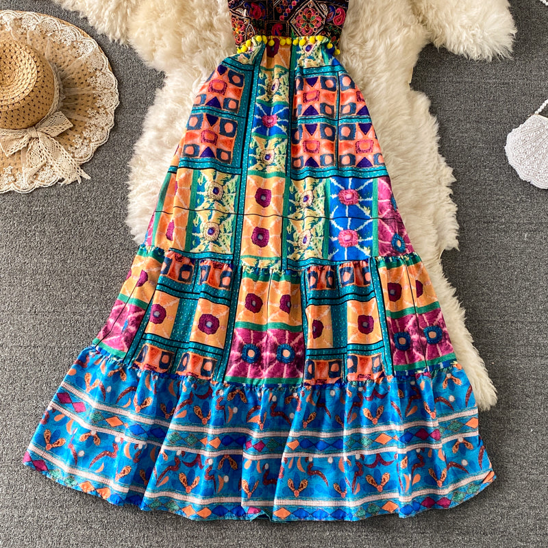 Printed ethnic embroidery suspender dress  3439