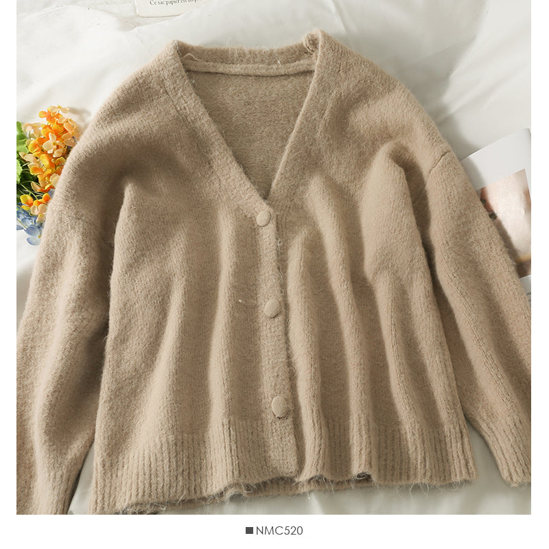Sweater women's low neck single breasted cardigan long sleeved top solid color versatile  2044