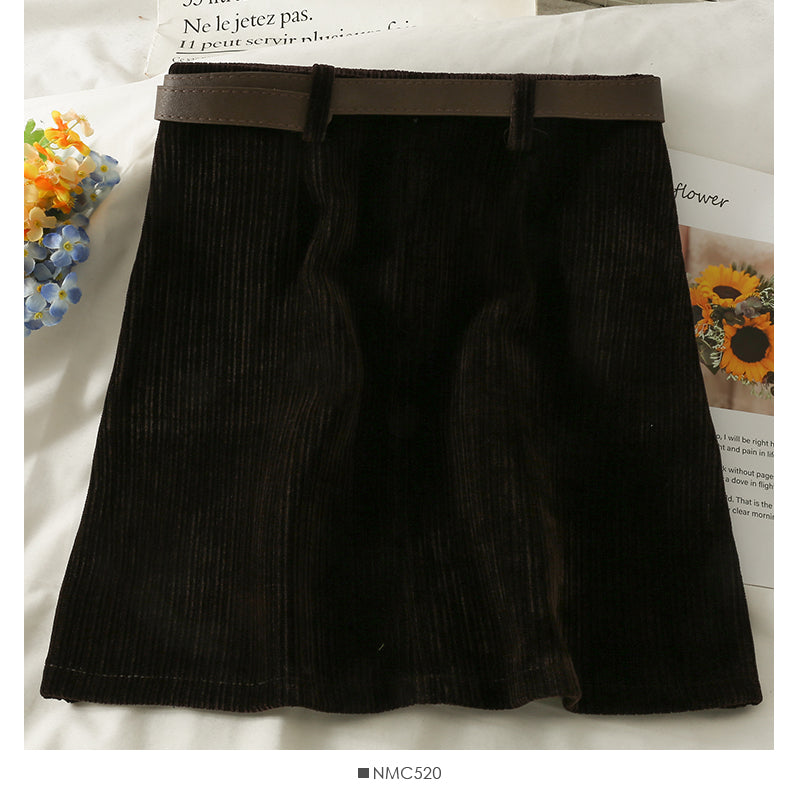 Korean retro bandage high waist slim striped A-line skirt  2650