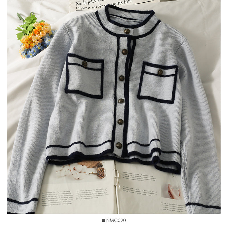 Korean stripe stand collar single breasted cardigan sweater female  1802