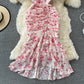 Ruffled V-neck fishtail buttock Chiffon Floral Dress  3067