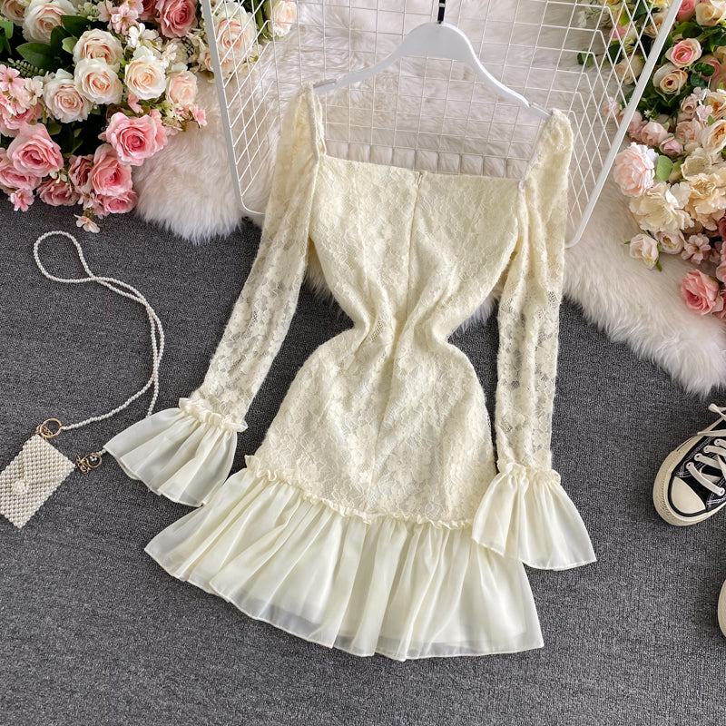 Lace patchwork Ruffle Dress flare sleeve  3285
