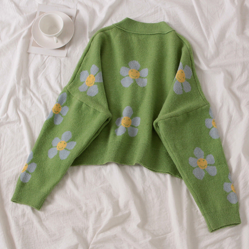 Preppy, floral knit coat, loose, V-neck, spring and autumn cardigan  1442