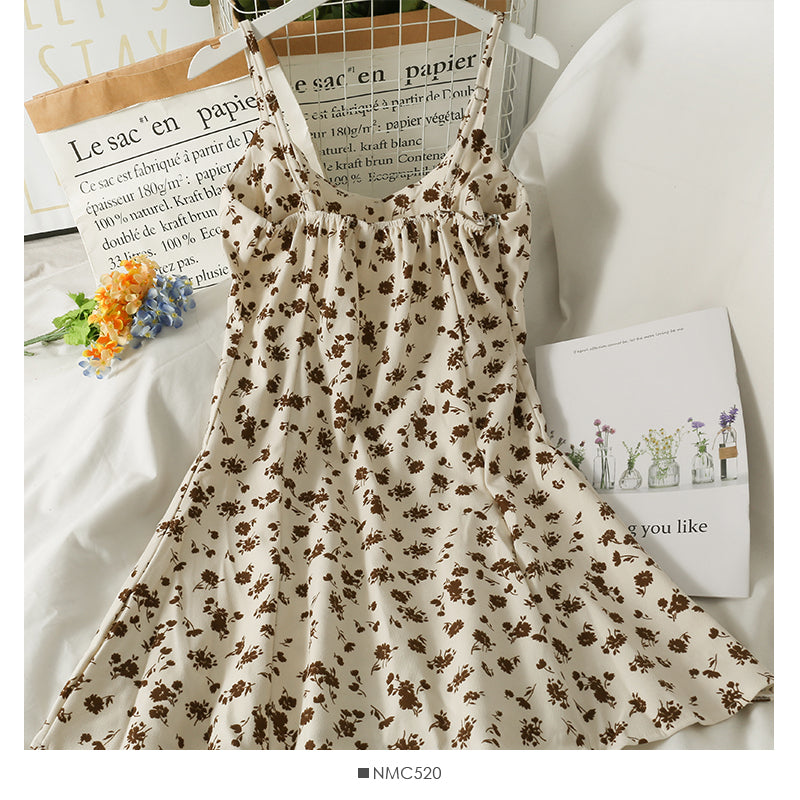 Hong Kong style retro small fresh broken flower low neck backless suspender skirt  2688