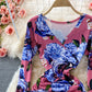 V-neck print slim split dress  3086