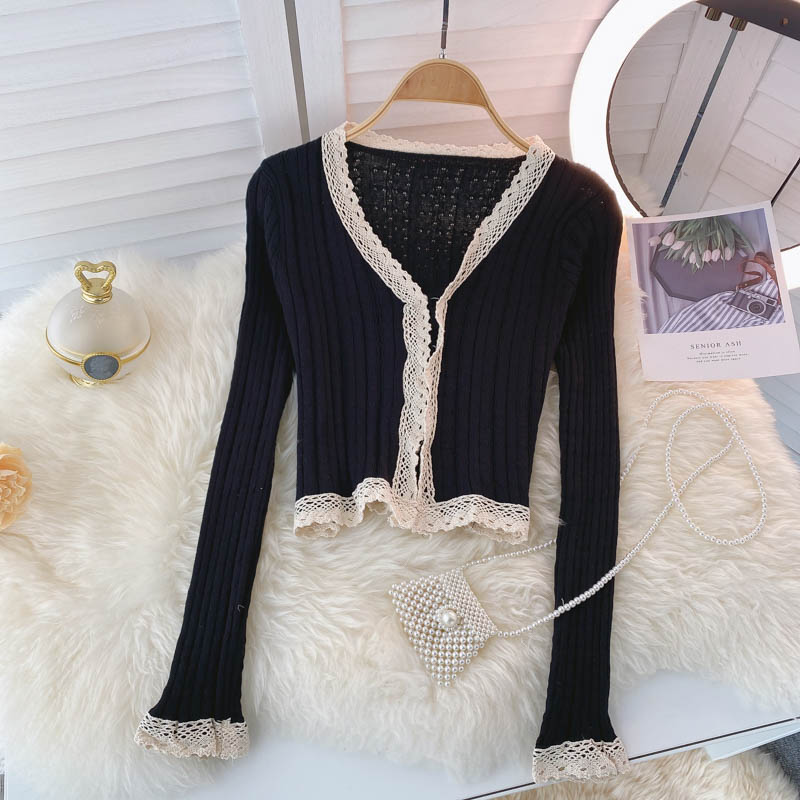 Vintage Knitted Top Women's autumn V-neck lace  1595