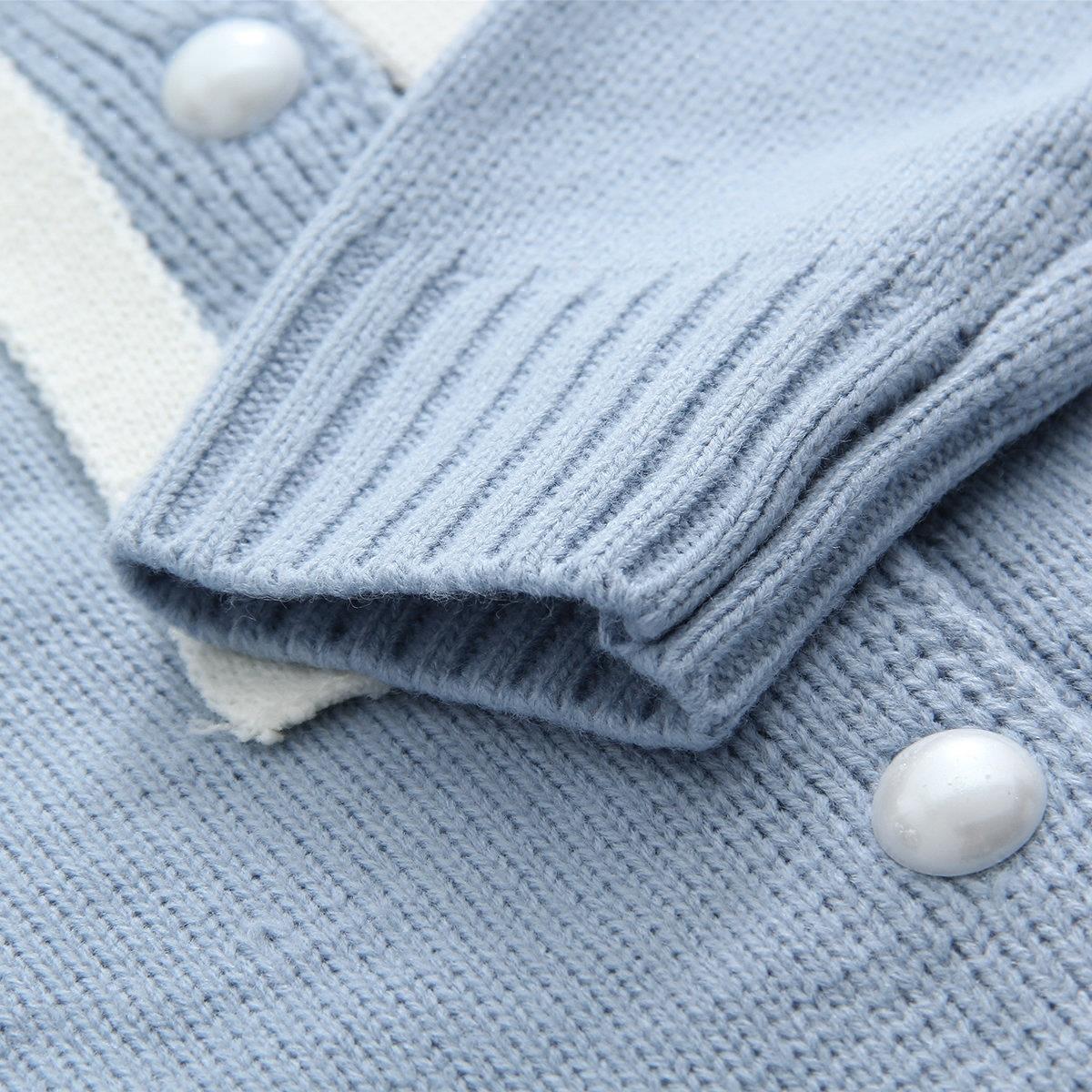Langarmpullover mit marineblauem Kragen, Strickjacke mit Schleife für Studenten 1414
