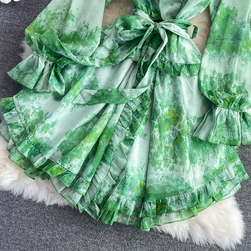 V-neck ruffled Floral Chiffon Dress  2854