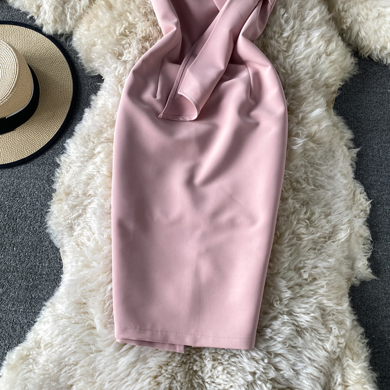 Diagonal shoulder bow dress wrap hip mid length skirt  3179