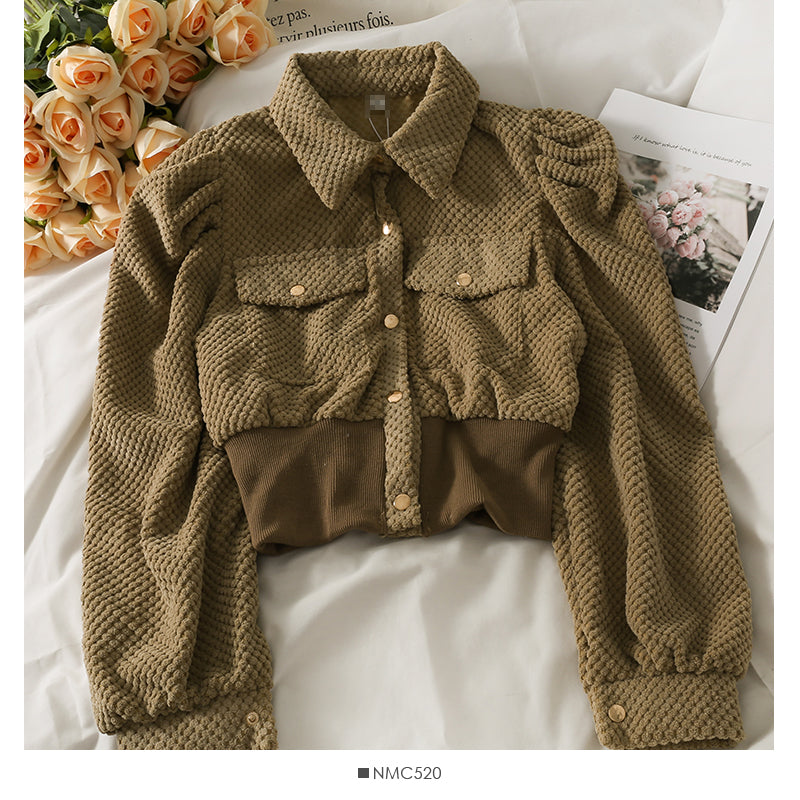 Korean short single breasted cardigan Lapel slim fit versatile long sleeved top fashion  2107