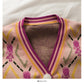 Vintage Print diamond check loose long sleeve top women's autumn V-neck two button short sweater  2066