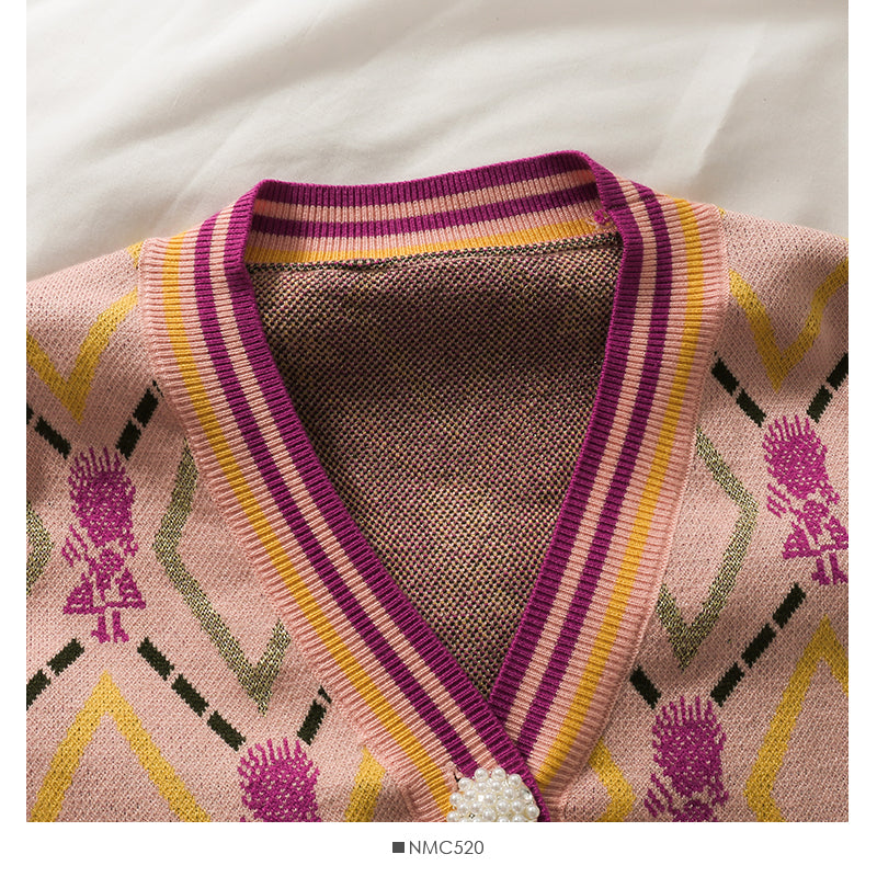 Vintage Print diamond check loose long sleeve top women's autumn V-neck two button short sweater  2066