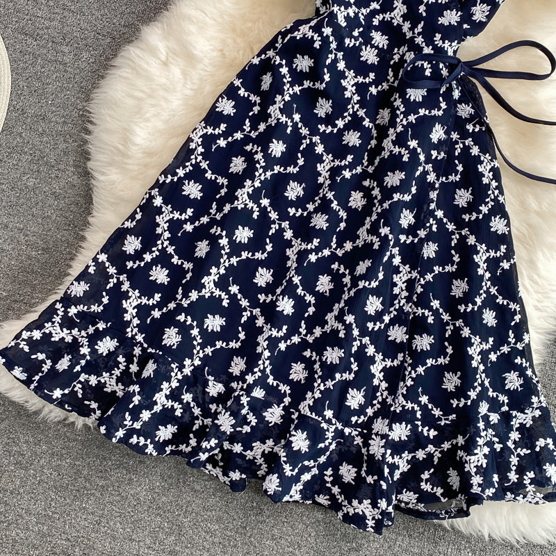 V-neck lace embroidered floral one piece dress  3217